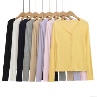 Women's V-Neck Long Sleeve Single Breasted Cardigan Top Casual Polyester Blend Solid Color Button Up T-Shirt For Autumn Streetwear Fashion