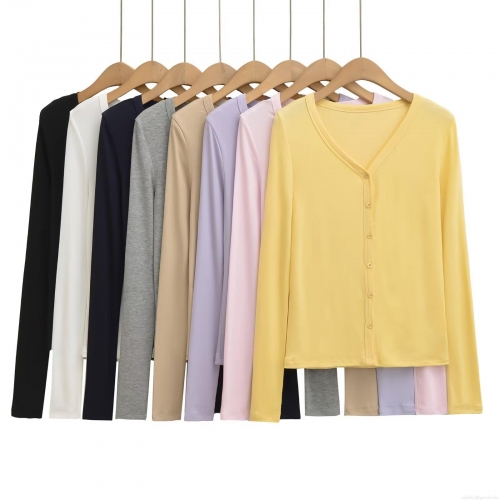 Women's V-Neck Long Sleeve Single Breasted Cardigan Top Casual Polyester Blend Solid Color Button Up T-Shirt For Autumn Streetwear Fashion