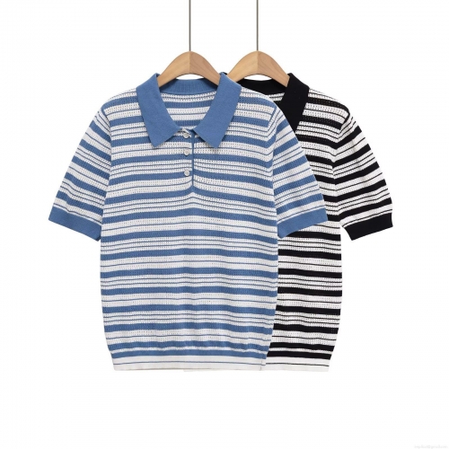 Women's Striped Polo Shirt Short Sleeve Knitted Top Contrast Color Casual T-Shirt With Buttons Hollow Texture Streetwear Summer Autumn Apparel