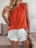 Women Sexy One Shoulder Sleeveless Top Orange Ribbed Texture Tie Shoulder Cami Summer Vacation Slim Fit T-Shirt 95% Polyester 5% Elastane Casual Blouse