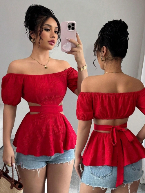 Women's Sexy Off-Shoulder T-Shirt Polyester Elastane Short Puff Sleeve Cut Out Waist Smocked Texture Back Tie Ruffle Hem Top For Summer Vacation Party