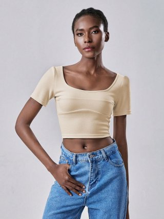 Women's Sexy Square Neck Short Sleeve Crop Top Knit Ribbed T-Shirt With Back Bow-Tie Detail Solid Color Slim Fit Summer Casual Streetwear Fashion Top