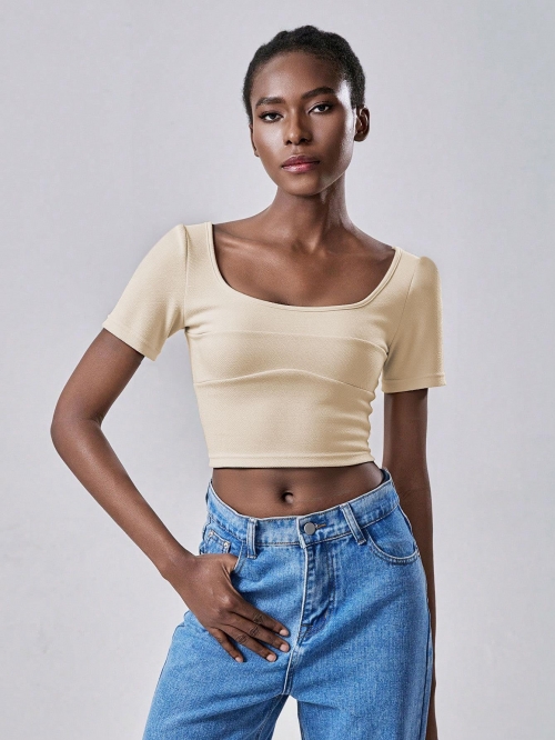 Women's Sexy Square Neck Short Sleeve Crop Top Knit Ribbed T-Shirt With Back Bow-Tie Detail Solid Color Slim Fit Summer Casual Streetwear Fashion Top