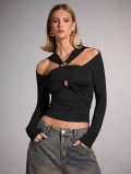 Women Sexy Cut Out Shoulder Long Sleeve Top With Metal Buckle Halter Neck Hollow Slim Fit Solid Black T-Shirt Fashion Clubwear Streetwear