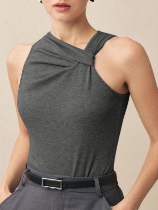 Women's Slim Fit Ribbed Knit Sleeveless T-Shirt Twisted Asymmetrical Neck Solid Color Summer Tank Top Sexy Intellectual Style Elegant Commute Vest