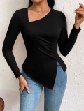 Women's Sexy Asymmetric Neck Long Sleeve T-Shirt Elegant Ruched Slim Fit Top With Irregular Split Hem For Daily Commute Fashion