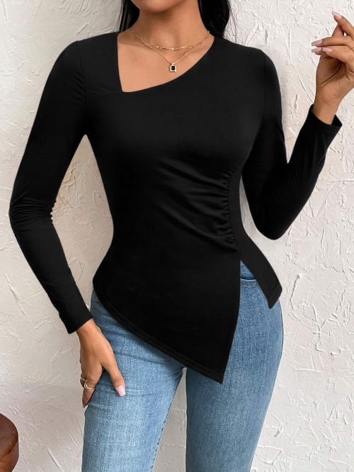 Women's Sexy Asymmetric Neck Long Sleeve T-Shirt Elegant Ruched Slim Fit Top With Irregular Split Hem For Daily Commute Fashion