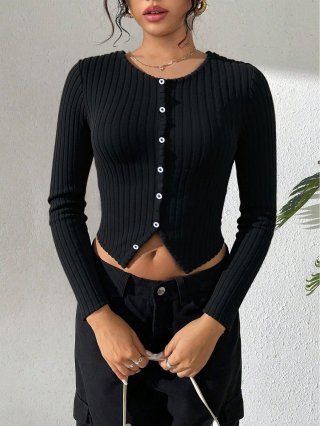 Women's Ribbed Knit Long Sleeve Crop Top Button Front Slim Fit Crew Neck T-Shirt Polyester Viscose Casual Sexy Fashion Tee