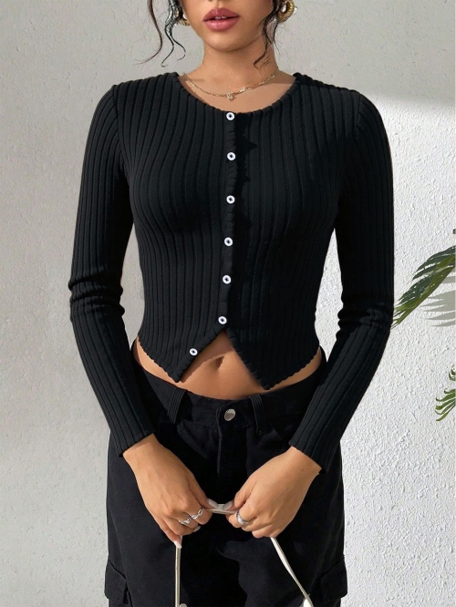 Women's Ribbed Knit Long Sleeve Crop Top Button Front Slim Fit Crew Neck T-Shirt Polyester Viscose Casual Sexy Fashion Tee