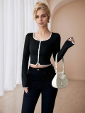 Sexy Women's Long Sleeve Crop Top Polyester Contrast White Trim Slim Fit Button Front T-Shirt Ribbed Knit Top For Club Party Women's Fashion
