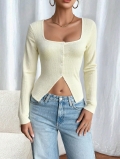 Women's Sexy Elegant Square Neck Long Sleeve Ribbed Knit T-Shirt Slim Fit Cropped Top With Button Front And Slit Hem For Daily Party Wear