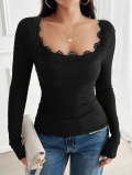 Women's Slim Fit Ribbed Knit T-Shirt Elegant Lace Trim Long Sleeve U-Neck Base Layer Top Casual Commute Solid Color Polyester Blouse Clothing