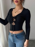 Sexy Women's Black V-Neck Hollow Out Cropped T-Shirt Milk Silk Long Sleeve Drawstring Ruched Slim Fit Clubbing Top