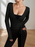 Women's Sexy Wrap V Neck Long Sleeve T-Shirt Slim Fit Milk Silk Fabric Tie Waist Cross Front Crop Top For Casual Yoga Gym Clubwear