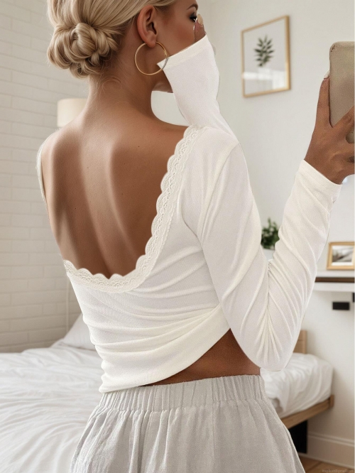 Sexy Backless Lace Trim Long Sleeve Rib Knit Top For Women Slim Fit Deep V Back Casual Solid Color Beige T-Shirt Y2K Streetwear