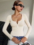 Women's Elegant Ribbed Knit Top Slim Fit Long Sleeve Deep U Neck Henley Shirt With Buttons Plain Autumn Casual Pullover For Women