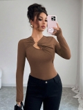 Women's Slim Fit Long Sleeve T-Shirt With Hollow Out Metal Ring Design Solid Coffee Color Crossover Neck Polyester Elastane Blend Casual Fashion Top