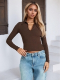Women's Sexy Cutout Polo Neck Long Sleeve Slim Fit T-Shirt Brushed Polyester Elastane Streetwear Solid Color Brown Fall Winter Top