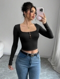 Women Sexy Square Neck Long Sleeve Rib-Knit Crop Top Polyester Elastane Slim Fit Stretch Button Cut Out T-Shirt For Club Streetwear