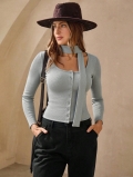 Women's Ribbed Knit T-Shirt With Button Front And Matching Scarf Long Sleeve Slim Fit Polyester Elastane Cardigan Style Top For Early Autumn Daily Casual Wear