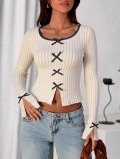 Women's Elegant Ribbed Knit Long Sleeve T-Shirt Slim Fit Base Layer Top With Black Bow Decoration Contrast Piping Pullover For Ladies