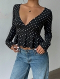 Women's Retro Polka Dot Deep V-Neck Peplum Long Sleeve T-Shirt Slim Fit Elegant Casual Polyester Spandex Top For Party Dating Daily