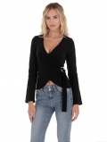 Women Sexy Black V-Neck Long Sleeve Wrap Knit Top French Niche Design Side Gold Ring Decoration Ribbed Slim Fit T-Shirt Polyester Elastane Casual Streetwear