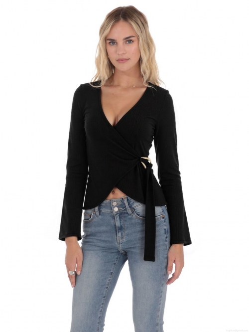 Women Sexy Black V-Neck Long Sleeve Wrap Knit Top French Niche Design Side Gold Ring Decoration Ribbed Slim Fit T-Shirt Polyester Elastane Casual Streetwear