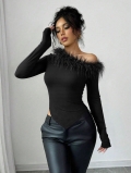 Women's Chic Off Shoulder Long Sleeve T-Shirt With Faux Feather Trim Asymmetric Hem Polyester Elastane Slim Fit Top For Party Clubwear