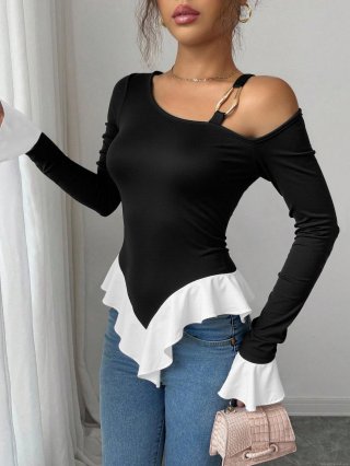 Women's Off Shoulder Long Sleeve T-Shirt With Metal Ring Gold Buckle Decor Patchwork Ruffle Hem Polyester Elastane Slim Fit Top For Women Casual Party Elegant Chic Style