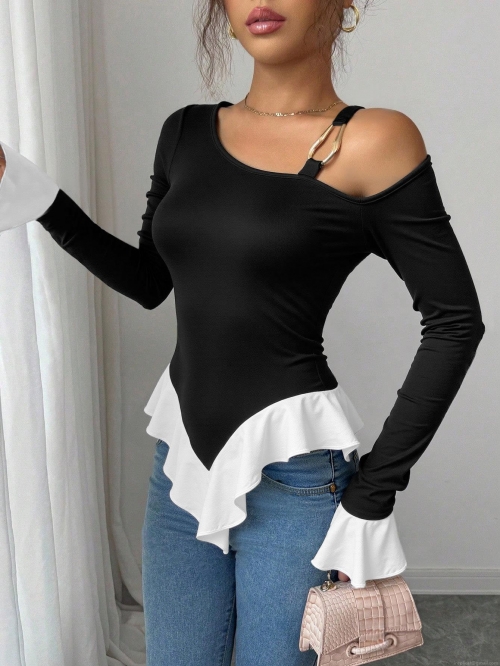Women's Off Shoulder Long Sleeve T-Shirt With Metal Ring Gold Buckle Decor Patchwork Ruffle Hem Polyester Elastane Slim Fit Top For Women Casual Party Elegant Chic Style