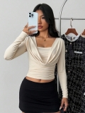 Women's Sexy Cowl Neck Long Sleeve T-Shirt Slim Fit Solid Color Draped Knit Top Soft Brushed Milk Silk Pullover For Daily Party Clubwear