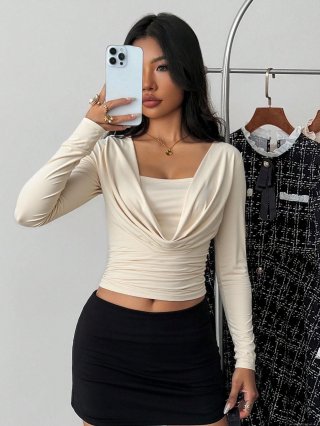 Women's Sexy Cowl Neck Long Sleeve T-Shirt Slim Fit Solid Color Draped Knit Top Soft Brushed Milk Silk Pullover For Daily Party Clubwear