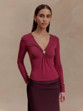 Women's Wine Red V-Neck Long Sleeve T-Shirt Elegant Slim Fit Top With Gold Metal Ring Pleated Detail Polyester Elastane Sexy Pullover For Autumn Daily Wear