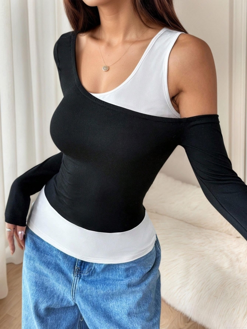 Women's Fashion Asymmetrical One Shoulder Color Block T-Shirt Patchwork Black and White Long Sleeve Slim Fit Casual Chic Top