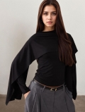Women's Dark Aesthetic Cloak Sleeve Top Elegant Long Sleeve Polyester Blend T-Shirt Minimalist Pleated Back Blouse for Casual Party Date Fashion