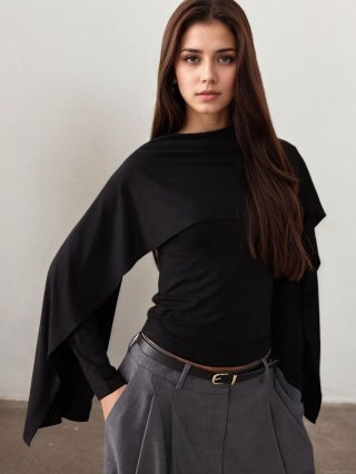 Women's Dark Aesthetic Cloak Sleeve Top Elegant Long Sleeve Polyester Blend T-Shirt Minimalist Pleated Back Blouse for Casual Party Date Fashion