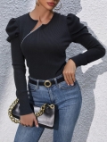 Women Slim Fit Ribbed Knit T-Shirt Elegant Puff Sleeve Long Sleeve Top With Side Zipper Decoration Casual Elegant Blouse For Women