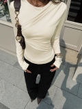 Women's French Elegant Slim Fit Ruched Long Sleeve T-Shirt Solid Color Cream Round Neck Knit Top Soft Lightweight Casual Pullover Blouse