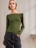Women Off-The-Shoulder Long Sleeve Ribbed Knit Top Slim Fit Hollow Out Twist Cuff Solid Color Polyester Spandex Tee Shirt For Women Fall Casual Elegant Party Outfits