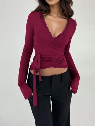 Women's Wine Red Lace Trim V-Neck Wrap Crop Top Flare Sleeve Tie-Up Long Sleeve Sexy Slim Fit Solid Color Polyester T-Shirt Spring Autumn Tee