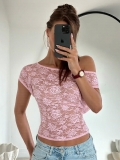 Women's Sexy Floral Lace Hollow Out One Shoulder Top See Through Asymmetric Slim Fit Nylon Spandex T-Shirt For Party Clubwear Y2K Fashion