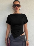 Women Sexy Slim Fit Short Sleeve T-Shirt Irregular Asymmetric Hem Ruched Side Polyester Spandex Top Solid Color Streetwear Tee For Women Ladies