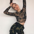 Women's Sexy Camouflage Mesh T-Shirt Long Sleeve See Through Crop Top 95% Polyester 5% Spandex Round Neck Streetwear Summer Casual Tee For Women