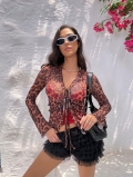 Women's Sexy Leopard Print Mesh Long Sleeve T-Shirt Tie Front See-Through Polyester Spandex Cardigan Top For Summer Party Clubwear
