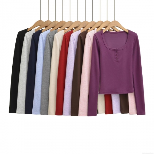 Women's Ribbed Knit Long Sleeve T-Shirt Casual Henley Neck Button Front Slim Fit Top Streetwear Solid Color Autumn Winter Tee