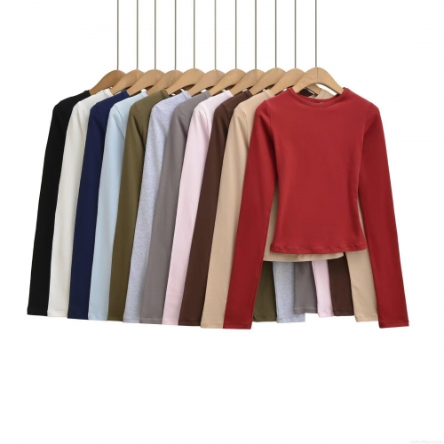 Women's Slim Fit Long Sleeve T-Shirt Round Neck Polyester Solid Color Streetwear Base Layer Versatile Autumn Base Layer Top for Daily Wear