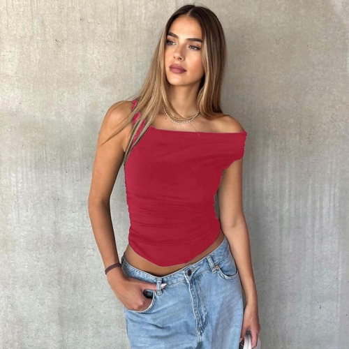 Sexy Ruched Irregular Women Tank Top Sleeveless Square Neck Slim Fit 95% Polyester 5% Spandex Solid Color Streetwear Summer Vest Tops For Club Party Ladies