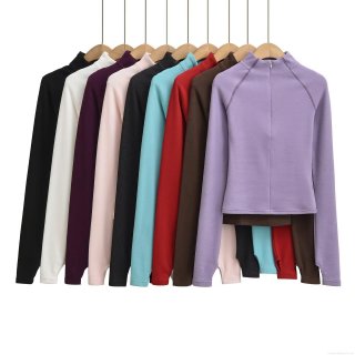 Women's Slim Fit Half Zip Athletic Long Sleeve T-Shirt Stand Collar Sporty Yoga Top With Thumbholes Solid Color Polyester Running Workout Shirt for Women