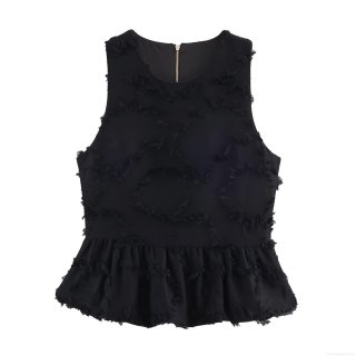 Women's Sleeveless T-Shirt Top with Fringe Tassel Ruffle Hem and Back Zipper Detail Street Style Crew Neck Solid Color Polyester Blouse for Summer